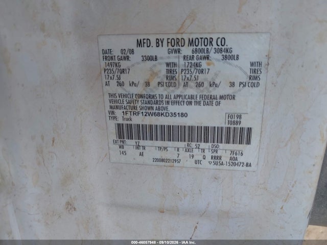 Продажа на аукционе авто 2008 Ford F-150 Fx2/stx/xl/xlt, vin: 1FTRF12W68KD35180, номер лота: 46057948