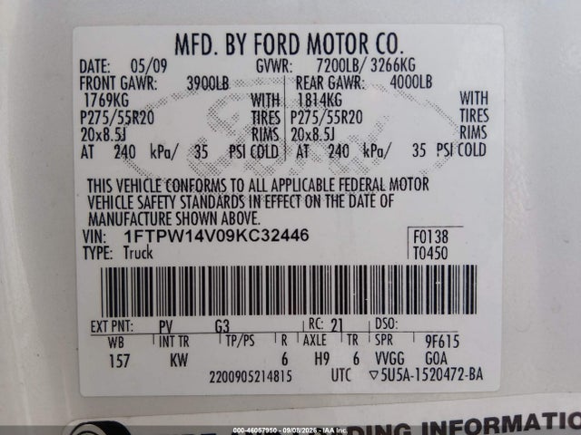 46057950 :رقم المزاد ، 1FTPW14V09KC32446 vin ، 2009 Ford F-150 King Ranch مزاد بيع
