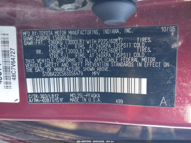 2006 Toyota Sienna Xle Limited მანქანა იყიდება აუქციონზე, vin: 5TDBA22C56S056479, აუქციონის ნომერი: 46057955