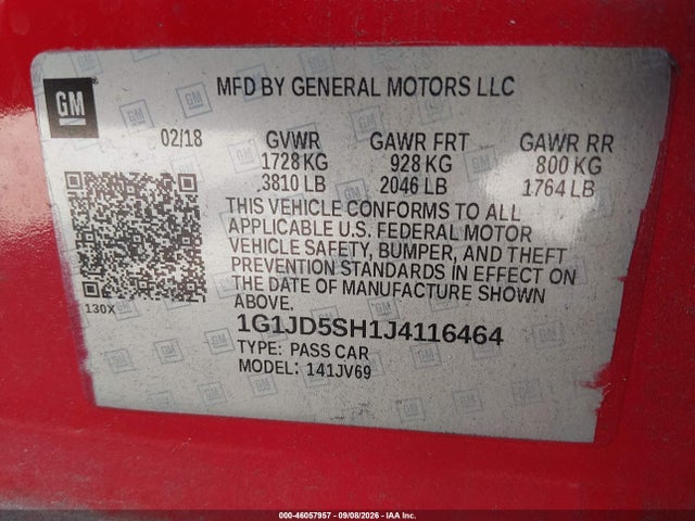 2018 Chevrolet Sonic Lt Auto მანქანა იყიდება აუქციონზე, vin: 1G1JD5SH1J4116464, აუქციონის ნომერი: 46057957