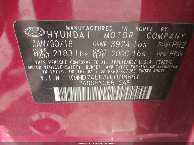 Aukcja sprzedaży 2017 Hyundai Elantra Se, vin: KMHD74LF3HU108651, numer aukcji: 46057959