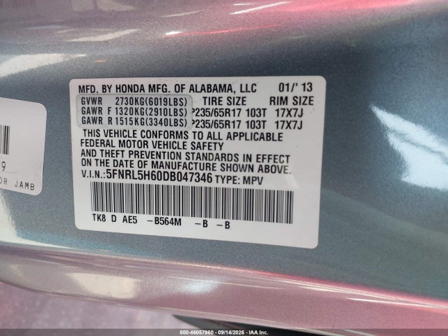 Aukcja sprzedaży 2013 Honda Odyssey Ex-l, vin: 5FNRL5H60DB047346, numer aukcji: 46057960