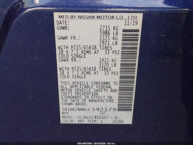 46057965 :رقم المزاد ، 5N1DR2BM6LC592179 vin ، 2020 Nissan Pathfinder Sv 4wd مزاد بيع