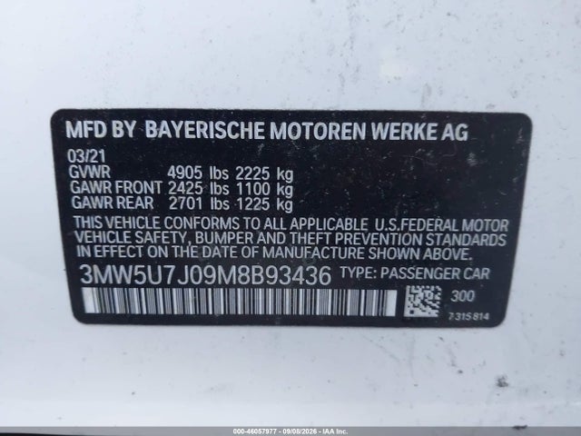 Продажа на аукционе авто 2021 Bmw M340i, vin: 3MW5U7J09M8B93436, номер лота: 46057977
