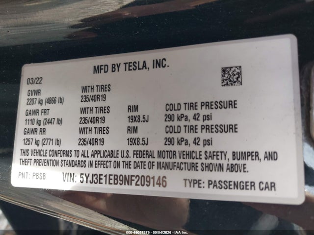 Aukcja sprzedaży 2022 Tesla Model 3 Long Range Dual Motor All-wheel Drive, vin: 5YJ3E1EB9NF209146, numer aukcji: 46057979