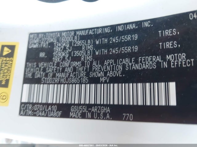 2018 Toyota Highlander Limited მანქანა იყიდება აუქციონზე, vin: 5TDDZRFH0JS865185, აუქციონის ნომერი: 46057981