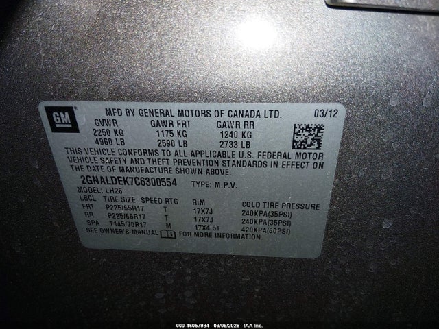 Продажа на аукционе авто 2012 Chevrolet Equinox 1lt, vin: 2GNALDEK7C6300554, номер лота: 46057984