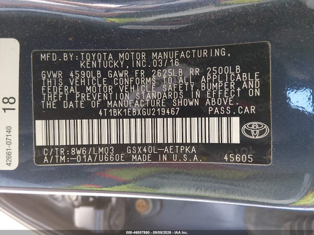 2016 Toyota Avalon Limited მანქანა იყიდება აუქციონზე, vin: 4T1BK1EBXGU219467, აუქციონის ნომერი: 46057990
