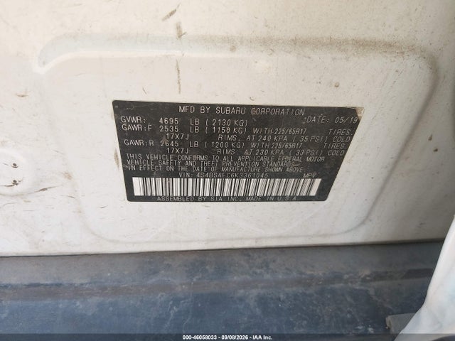46058033 :رقم المزاد ، 4S4BSAFC6K3361045 vin ، 2019 Subaru Outback 2.5i Premium مزاد بيع