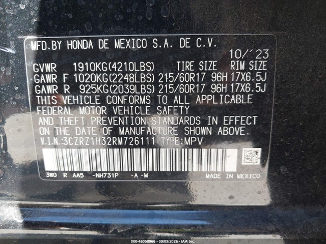 46058066 :رقم المزاد ، 3CZRZ1H32RM726111 vin ، 2024 Honda Hr-v 2wd Lx مزاد بيع