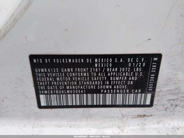 46058067 :رقم المزاد ، 3VWCB7BU8LM030541 vin ، 2020 Volkswagen Jetta 1.4t R-line/1.4t S/1.4t Se مزاد بيع
