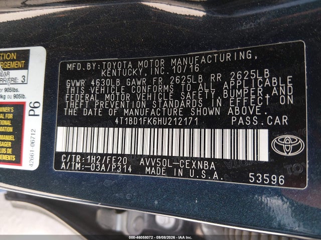 2017 Toyota Camry Hybrid Le მანქანა იყიდება აუქციონზე, vin: 4T1BD1FK6HU212171, აუქციონის ნომერი: 46058072