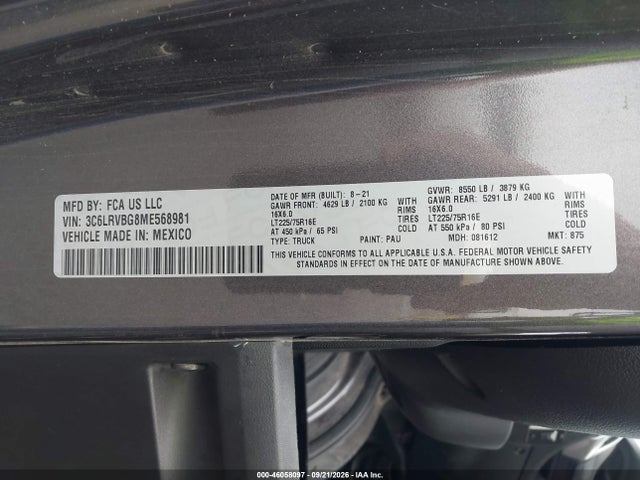 Продажа на аукционе авто 2021 Ram Promaster 1500 High Roof 136 Wb, vin: 3C6LRVBG8ME568981, номер лота: 46058097