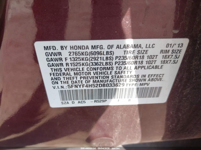 Продажа на аукционе авто 2013 Honda Pilot Ex-l, vin: 5FNYF4H52DB033629, номер лота: 46058104