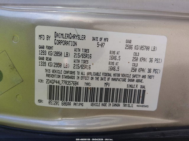 Aukcja sprzedaży 2007 Dodge Grand Caravan Sxt, vin: 2D4GP44L77R357684, numer aukcji: 46058109