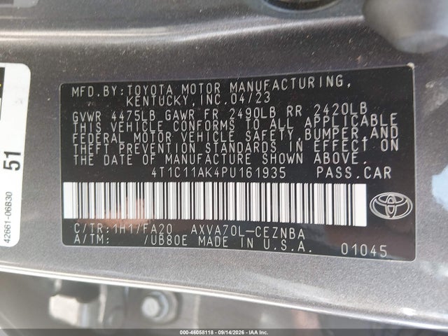 Продаж на аукціоні авто 2023 Toyota Camry Le, vin: 4T1C11AK4PU161935, номер лоту: 46058118