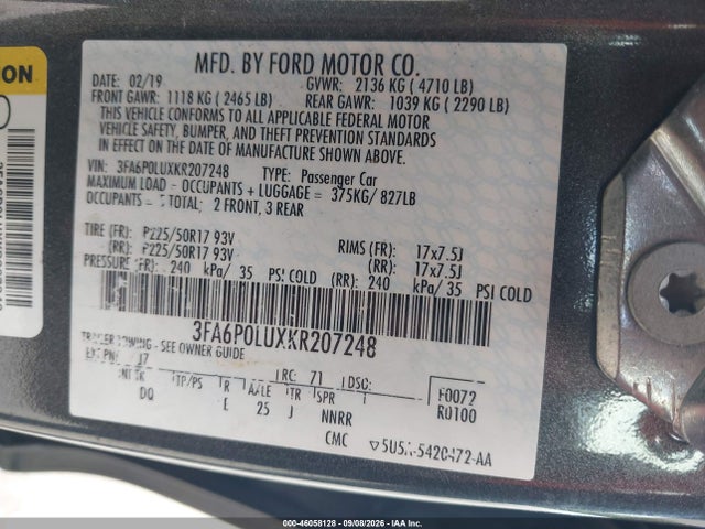 Aukcja sprzedaży 2019 Ford Fusion Hybrid Se, vin: 3FA6P0LUXKR207248, numer aukcji: 46058128