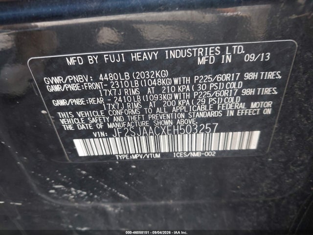Aukcja sprzedaży 2014 Subaru Forester 2.5i, vin: JF2SJAACXEH503257, numer aukcji: 46058151