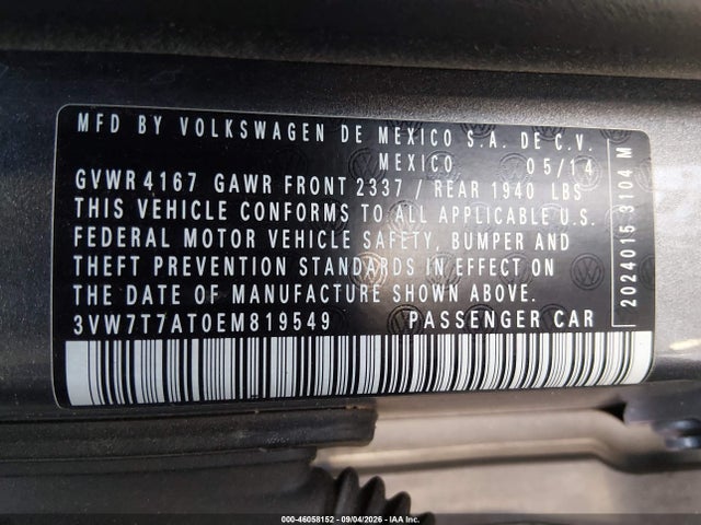 46058152 :رقم المزاد ، 3VW7T7AT0EM819549 vin ، 2014 Volkswagen Beetle 2.0t R-line مزاد بيع