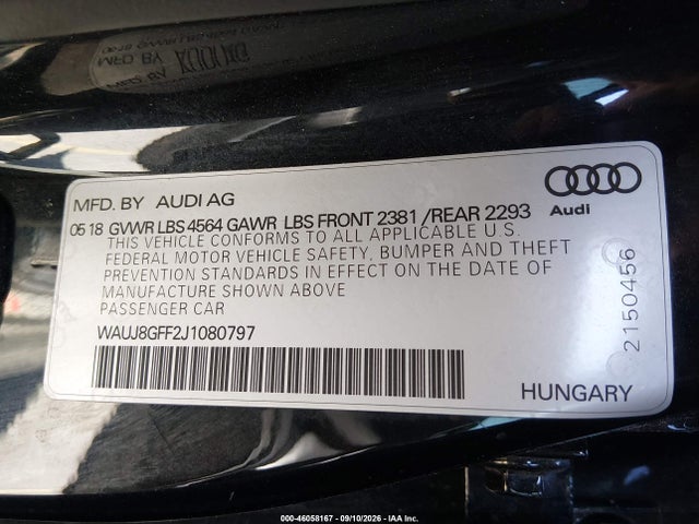 2018 Audi A3 2.0t Premium/2.0t Tech Premium მანქანა იყიდება აუქციონზე, vin: WAUJ8GFF2J1080797, აუქციონის ნომერი: 46058167