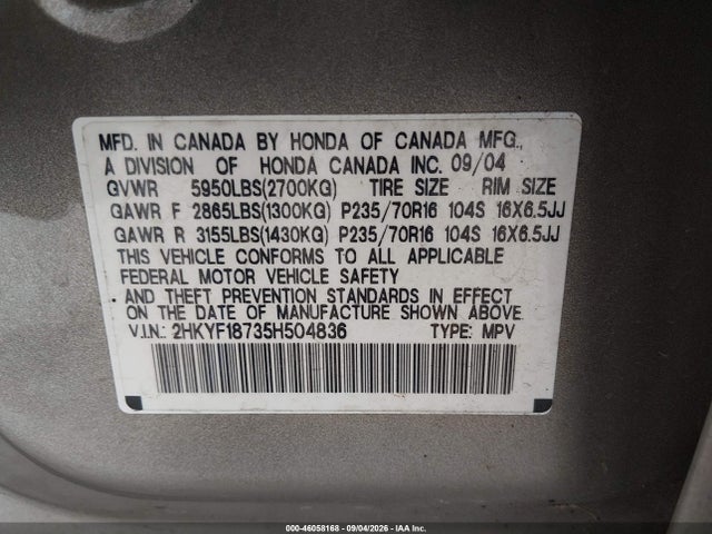 Продаж на аукціоні авто 2005 Honda Pilot Ex-l, vin: 2HKYF18735H504836, номер лоту: 46058168