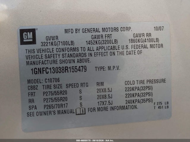 Продаж на аукціоні авто 2008 Chevrolet Tahoe Lt, vin: 1GNFC13038R155479, номер лоту: 46058170
