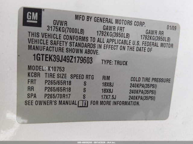 Aukcja sprzedaży 2009 Gmc Sierra 1500 Slt, vin: 1GTEK39J49Z179603, numer aukcji: 46058208