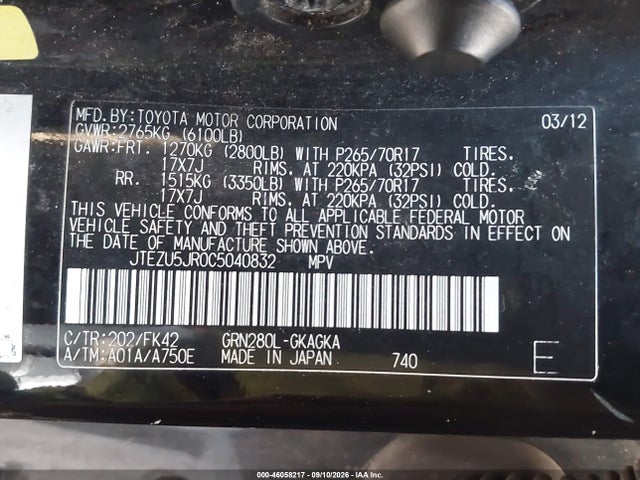 Auction sale of the 2012 Toyota 4runner Sr5, vin: JTEZU5JR0C5040832, lot number: 46058217