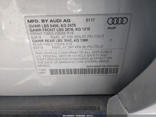 46058220 :رقم المزاد ، WA1ANAFY6J2004482 vin ، 2018 Audi Q5 2.0t Premium/2.0t Tech Premium مزاد بيع