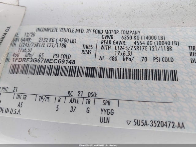 2021 Ford F-350 Chassis Xl მანქანა იყიდება აუქციონზე, vin: 1FDRF3G67MEC69148, აუქციონის ნომერი: 46058232