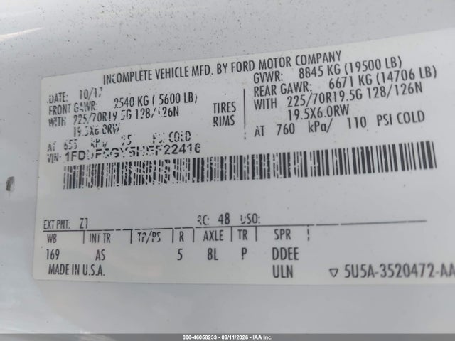 Продажа на аукционе авто 2017 Ford F-550 Chassis Xl, vin: 1FDUF5GY5HEF22416, номер лота: 46058233