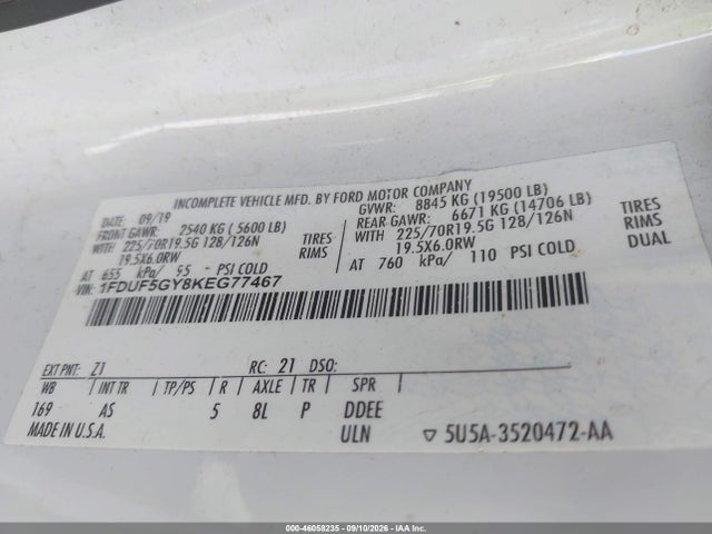 Aukcja sprzedaży 2019 Ford F-550 Chassis Xl, vin: 1FDUF5GY8KEG77467, numer aukcji: 46058235