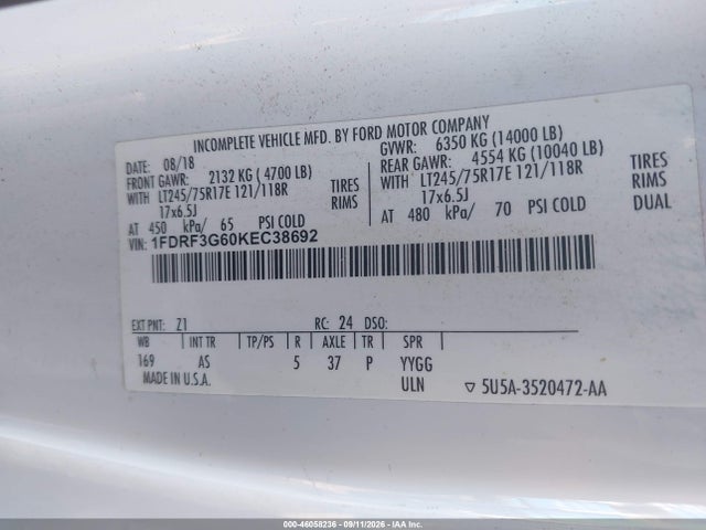 Aukcja sprzedaży 2019 Ford F-350 Chassis Xl, vin: 1FDRF3G60KEC38692, numer aukcji: 46058236