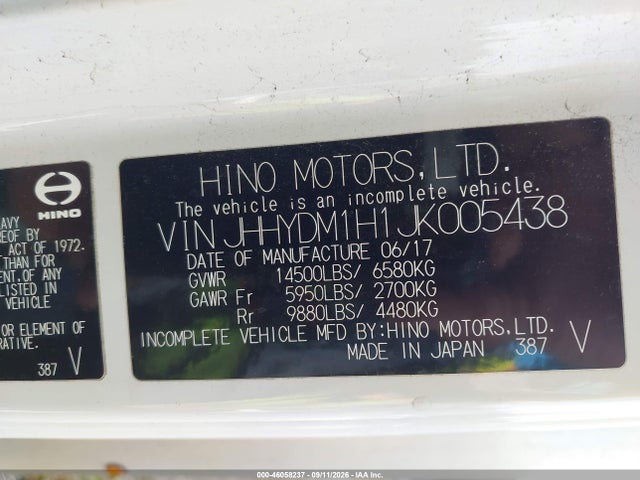 Продажа на аукционе авто 2018 Hino Xjc720/xfc720, vin: JHHYDM1H1JK005438, номер лота: 46058237