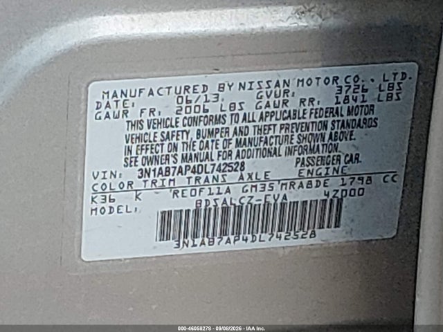 2013 Nissan Sentra S მანქანა იყიდება აუქციონზე, vin: 3N1AB7AP4DL742528, აუქციონის ნომერი: 46058278