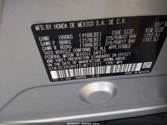 2018 Honda Hr-v Ex-l მანქანა იყიდება აუქციონზე, vin: 3CZRU6H72JM712227, აუქციონის ნომერი: 46058284