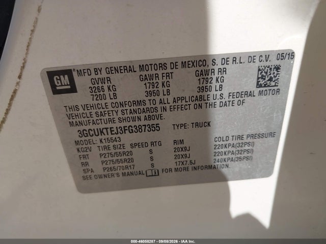 46058287 :رقم المزاد ، 3GCUKTEJ3FG387355 vin ، 2015 Chevrolet Silverado 1500 High Country مزاد بيع