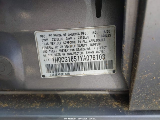 46058294 :رقم المزاد ، 1HGCG1651YA078103 vin ، 2000 Honda Accord 3.0 Ex مزاد بيع