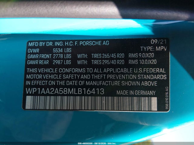 2021 Porsche Macan მანქანა იყიდება აუქციონზე, vin: WP1AA2A58MLB16413, აუქციონის ნომერი: 46058300