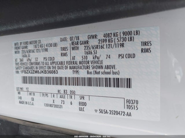 46058309 :رقم المزاد ، 1FBZX2ZM8JKB36083 vin ، 2018 Ford Transit-350 Xl مزاد بيع
