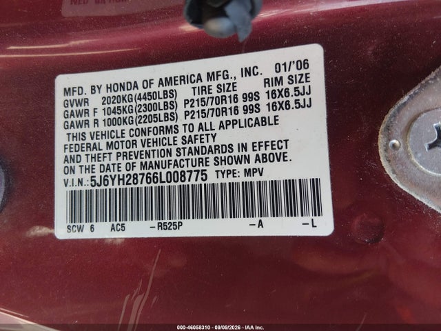 Aukcja sprzedaży 2006 Honda Element Ex-p, vin: 5J6YH28766L008775, numer aukcji: 46058310