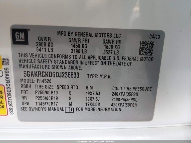 46058322 :رقم المزاد ، 5GAKRCKD6DJ236833 vin ، 2013 Buick Enclave Leather مزاد بيع