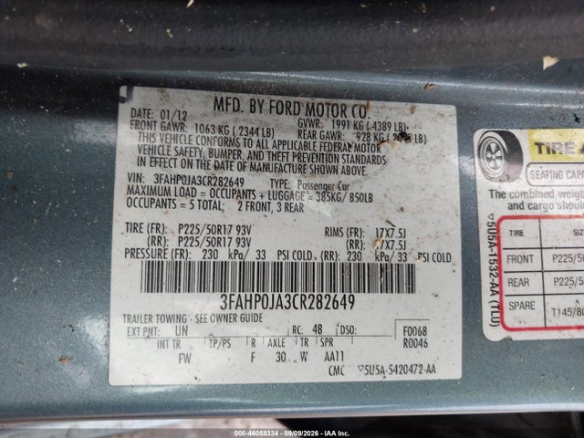 Продаж на аукціоні авто 2012 Ford Fusion Sel, vin: 3FAHP0JA3CR282649, номер лоту: 46058334