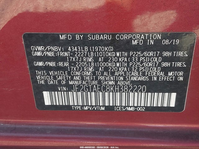 Auction sale of the 2019 Subaru Crosstrek 2.0i Premium, vin: JF2GTAEC8KH382220, lot number: 46058350
