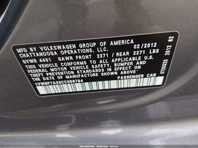 2012 Volkswagen Passat 2.5l Se მანქანა იყიდება აუქციონზე, vin: 1VWBP7A33CC056794, აუქციონის ნომერი: 46058360