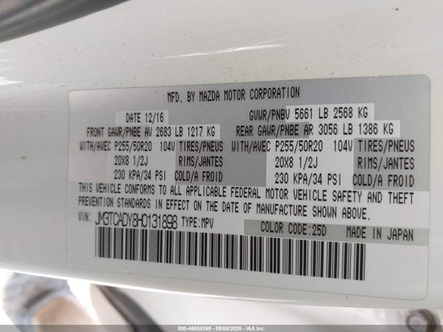 Aukcja sprzedaży 2017 Mazda Cx-9 Grand Touring, vin: JM3TCADY8H0131898, numer aukcji: 46058369