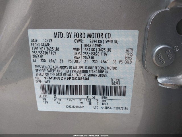 46058394 :رقم المزاد ، 1FMSK8DH9PGC08604 vin ، 2023 Ford Explorer Xlt مزاد بيع