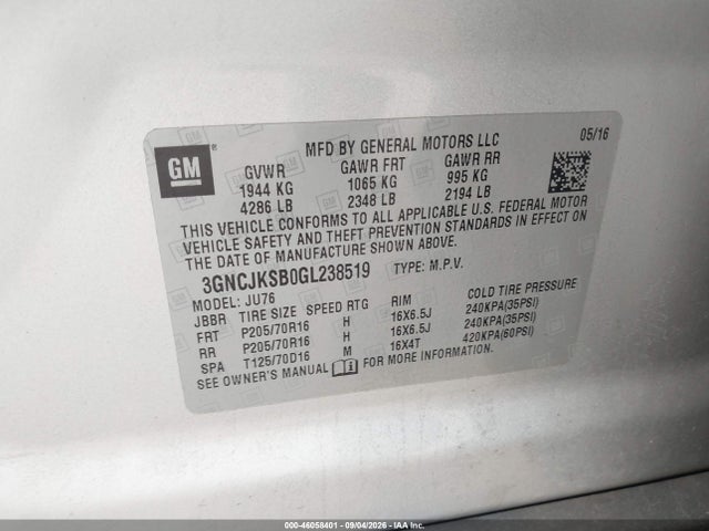 3GNCJKSB0GL238519 Chevrolet Trax 1ls
