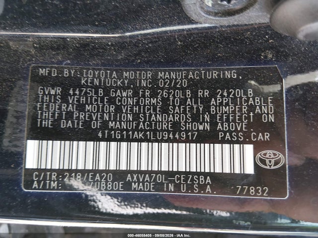 Продажа на аукционе авто 2020 Toyota Camry Se, vin: 4T1G11AK1LU944917, номер лота: 46058405