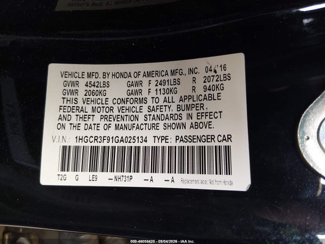 1HGCR3F91GA025134 Honda Accord Touring